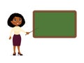 Dark skin female teacher standing near blackboard flat vector illustration. Smiling tutor pointing at blank chalkboard Royalty Free Stock Photo