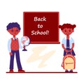 Dark skin girl and boy with a globe at the school blackboard. Back to school. Vector illustration in flat cartoon style. Royalty Free Stock Photo