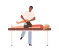 Dark skin male chiropractor making rehabilitation massage of legs to female patient vector flat illustration. Doctor or