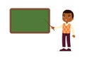 Dark skin male teacher standing near blackboard flat vector illustration. Smiling tutor pointing at blank chalkboard Royalty Free Stock Photo