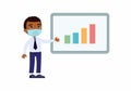 Dark skin man in an office suit points to a demo board with graphs. Royalty Free Stock Photo