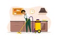 Dark skin modern woman vacuum cleaning at kitchen. Female housewife cleaning cuisine floor