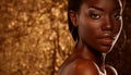 Dark skinned beautiful young woman posing sensually on a golden background. Royalty Free Stock Photo