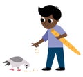 Dark skinned boy feeding pigeon.