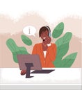Dark-skinned female operator call center at the computer speaks with client online. Customer service
