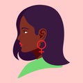 Dark skinned feminist girl looking to the site. Afro american or african woman with feminine gender symbol earrings. Flat style