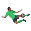 Dark-skinned football goalkeeper jumps to avoid missing the ball