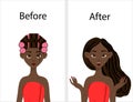 Dark-skinned girl before and after styling hair on curlers. Cartoon style. Vector illustration.