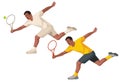 Dark-skinned handball tennis player in a white and yellow sportswear in profile who run forward to hit the ball