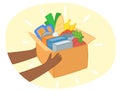 Dark-skinned hands giving box. Food donation box vector with different food in it.