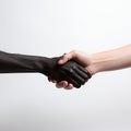 A dark-skinned man\'s hand shakes a white-skinned hand, close-up on white. Concept of friendship, good relationship,