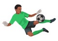 Dark-skinned teenage boy football goalkeeper jumps to avoid missing the ball