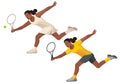 Dark-skinned women's tennis girl player in a white and yellow sportswear in profile who run forward to hit the ball