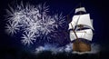 A ship with scarlet sails against the background of a night sky of salute, fireworks Royalty Free Stock Photo