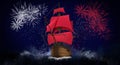 A ship with scarlet sails against the background of a night sky of salute, fireworks Royalty Free Stock Photo