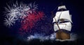 A ship with scarlet sails against the background of a night sky of salute, fireworks Royalty Free Stock Photo