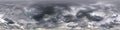 Dark sky with beautiful black clouds before storm. Seamless hdri panorama 360 degrees angle view with zenith without ground for Royalty Free Stock Photo