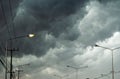 The dark sky with black clouds covered before the big storm will enter in city. The big powerful storm clouds before a thunder-