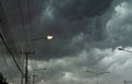 The dark sky with black clouds covered before the big storm will enter in city. The big powerful storm clouds before a thunder-