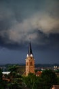 Dark sky and black clouds over the village Bergheim before the r Royalty Free Stock Photo