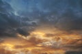 Dark sky with blak clouds brings storm rain at the sunset Royalty Free Stock Photo