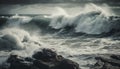 Dark sky, crashing waves, spraying surf, nature dangerous beauty generated by AI