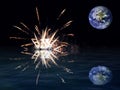 Dark sky with full moon and fireworks in sea reflection Royalty Free Stock Photo