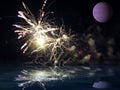 Dark sky with full moon and fireworks in sea reflection Royalty Free Stock Photo