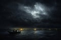 Dark sky and lightning in the sea near the shore of the town with a small fishing boat.