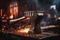 Dark smith workshop: Close-up captures hammer striking anvil in intense photo shoot.