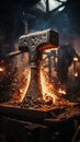 Dark smith workshop: Close-up captures hammer striking anvil in intense photo shoot.