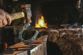 Dark smithy with blacksmith tools, horseshoe Royalty Free Stock Photo