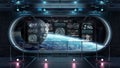 Dark spaceship interior with control panel digital screens 3D re