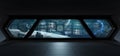 Dark spaceship interior with control panel digital screens 3D re