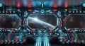 Dark spaceship interior with glowing blue and red lights. Futuristic spacecraft with large window view on planet Earth. 3D Royalty Free Stock Photo