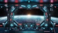 Dark spaceship interior with glowing blue and red lights. Futuristic spacecraft with large window view on planet Earth. 3D Royalty Free Stock Photo