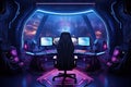 Dark spaceship interior with glowing lights, 3d rendering toned image, Futuristic gaming room with a lot of gaming equipment. 3d