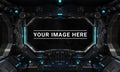 Dark spaceship interior with large window view 3D rendering