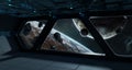 Dark spaceship interior with large window view 3D rendering