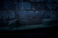 A dark and spooky background of two old and worn plinths on a stone shelf