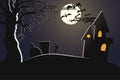 Dark spooky cemetery with grave stones, scary tree , haunted house  and flying bats in full moon light. Modern vector in flat Royalty Free Stock Photo