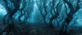 Dark spooky creepy woods, panoramic view. Path in scary fairy tale forest, landscape with dry trees. Theme of fantasy, haunted Royalty Free Stock Photo