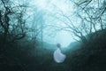 A dark, spooky forest with a ghostly woman in a white dress, on a foggy winters day. With an old artistic vintage edit