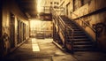 Dark, spooky staircase in old abandoned building, illuminated by street light generated by AI Royalty Free Stock Photo