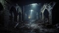 Dark spooky underground tunnel, old abandoned industrial dungeon with low lights. Perspective view of scary dirty passage, vintage