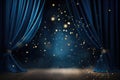 Dark stage with blue curtains and spotlights, 3d render illustration, Spotlight on blue curtain background and falling golden Royalty Free Stock Photo