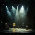 Dark Stage with Shining Spotlights and Different Chairs, Theater Performance, Empty Seats on Stage Royalty Free Stock Photo