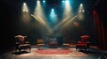 Dark Stage with Shining Spotlights and Different Chairs, Theater Performance, Empty Seats on Stage Royalty Free Stock Photo