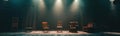 Dark Stage with Shining Spotlights and Different Chairs, Theater Performance, Empty Seats on Stage Royalty Free Stock Photo