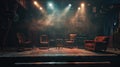 Dark Stage with Shining Spotlights and Different Chairs, Theater Performance, Empty Seats on Stage Royalty Free Stock Photo